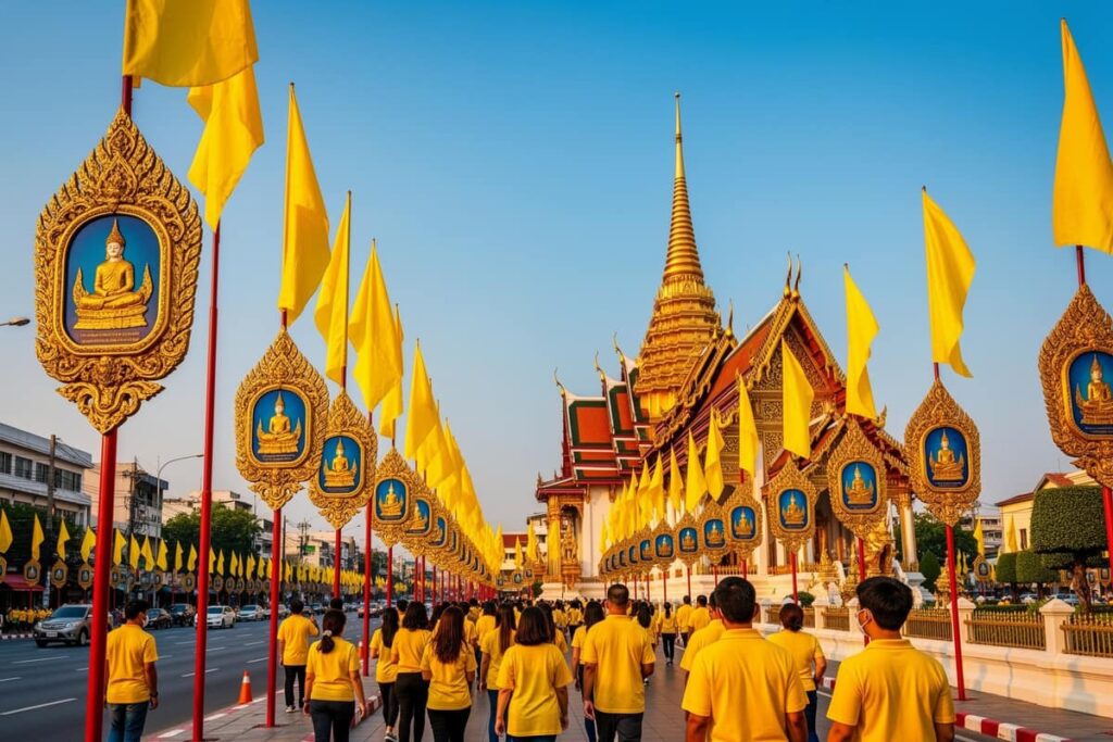 День коронации Таиланд 2026 — улицы Бангкока с жёлтыми флагами и королевскими портретами в праздничный день