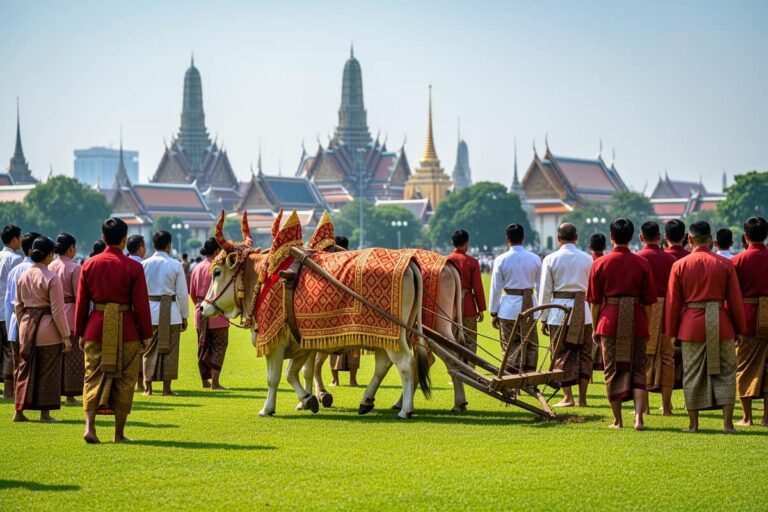Королевская церемония пахоты 2026 на Санам Луанг в Бангкоке — священные быки вспахивают поле