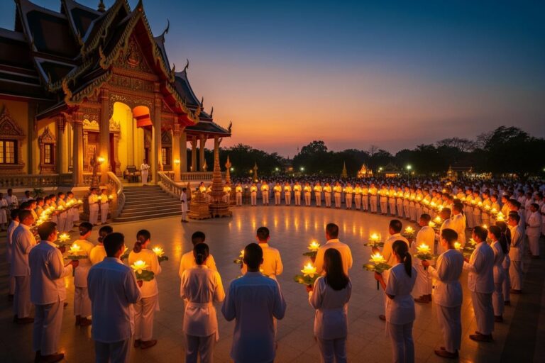 Висакха Буча 2026 — вечерняя процессия Wien Tien со свечами вокруг буддийского храма в Таиланде