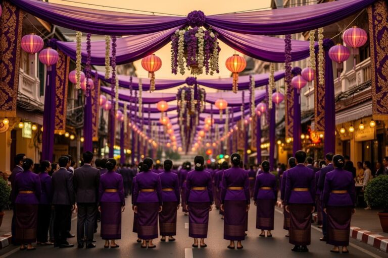 Празднование Дня рождения Королевы Таиланд 2026 — фиолетовые украшения и церемония в Бангкоке