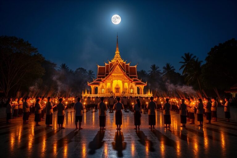 Церемония Wien Tien в праздник Асанха Буча в Таиланде — процессия со свечами вокруг храма