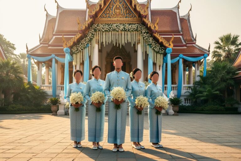 Тайская семья в голубой одежде с жасмином у храма — День матери в Таиланде 2026