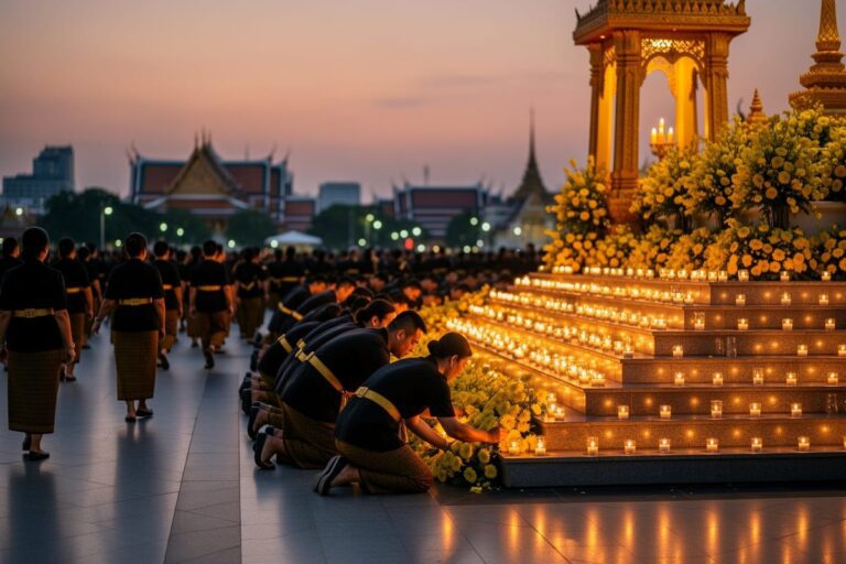 Тайцы возлагают цветы в День памяти Короля Рамы IX у портрета монарха в Бангкоке