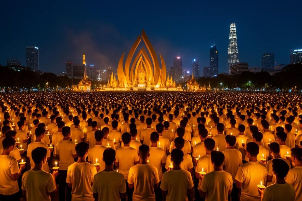 Церемония со свечами в День отца Таиланд 2026 — люди в жёлтом у портрета короля Рамы IX