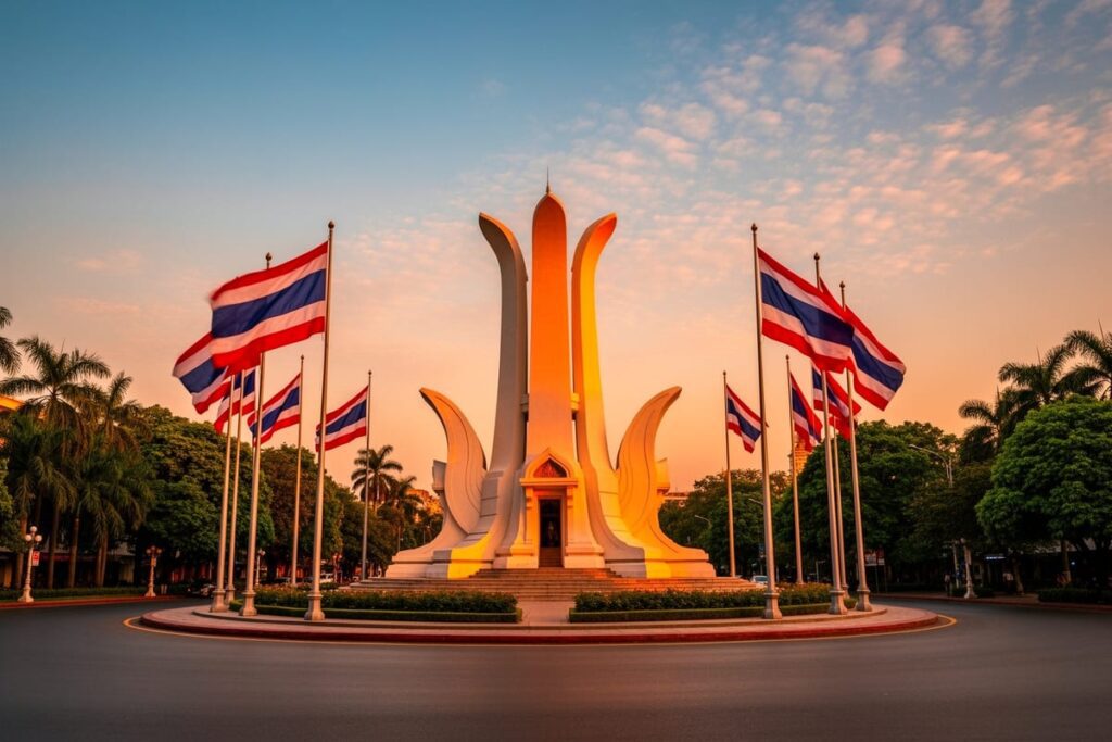 Памятник Демократии в Бангкоке в День Конституции Таиланда 2026 на фоне заката