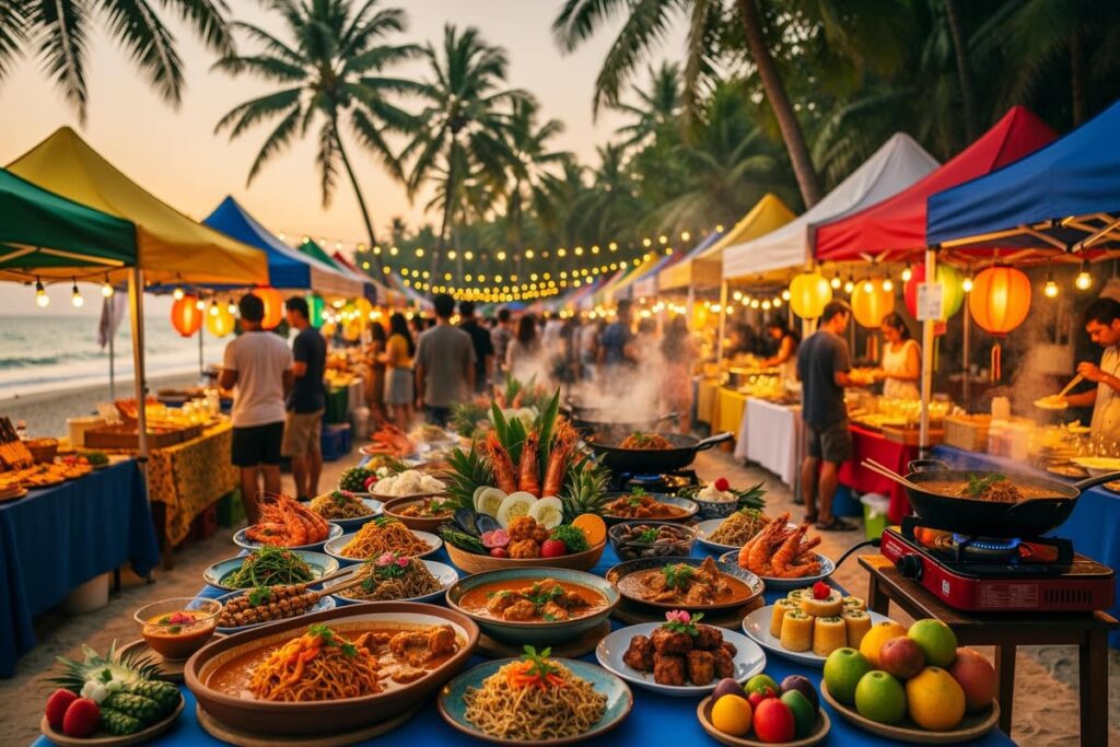 Фестиваль еды Самуи 2026 — дегустационные палатки с тайской кухней на фоне тропического побережья