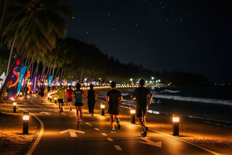 Ночной забег на Пхукете — бегуны на подсвеченной вечерней трассе вдоль тропического побережья