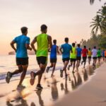 Участники пляжного забега на Пхукете бегут по песку Патонга на рассвете у Андаманского моря