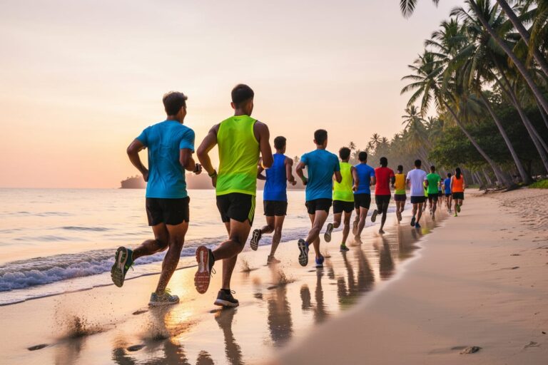 Участники пляжного забега на Пхукете бегут по песку Патонга на рассвете у Андаманского моря
