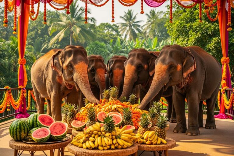 День слона в Таиланде — слоны угощаются фруктами на праздничном банкете среди тропической зелени