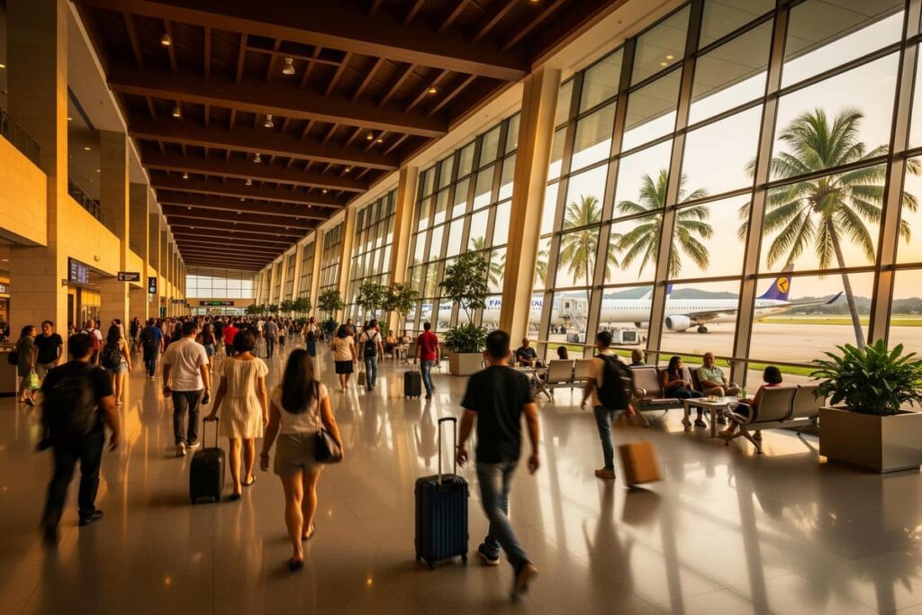 Зал международного терминала: рекорд аэропорта Пхукета с потоком пассажиров и видом на лётное поле