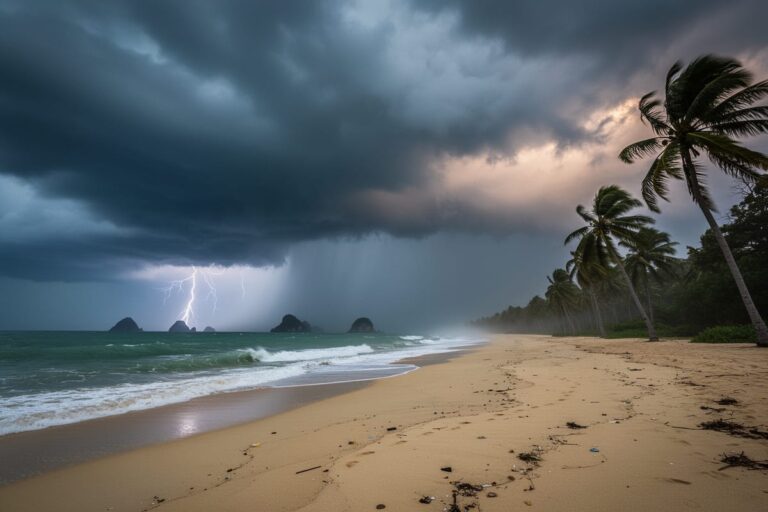 Грозовые тучи и молнии над пляжем — штормы в Таиланде в феврале, предупреждение TMD