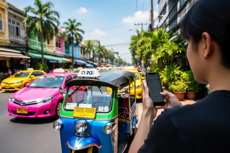 Разноцветные такси в Таиланде на улице Бангкока, человек вызывает машину через приложение на смартфоне