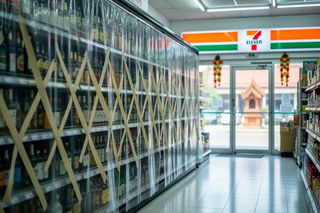 Закрытые полки с алкоголем в тайском магазине — запрет на алкоголь в Таиланде в День Макха Буча