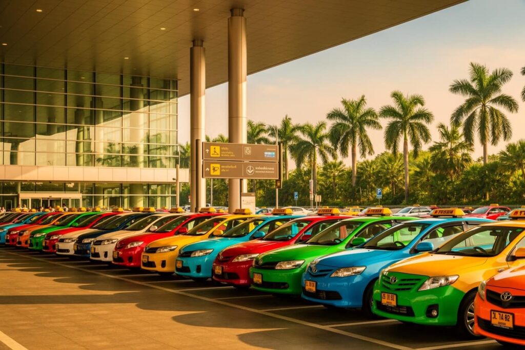 Зона прилёта и стоянка такси у терминала аэропорта Пхукета в тропическом пейзаже