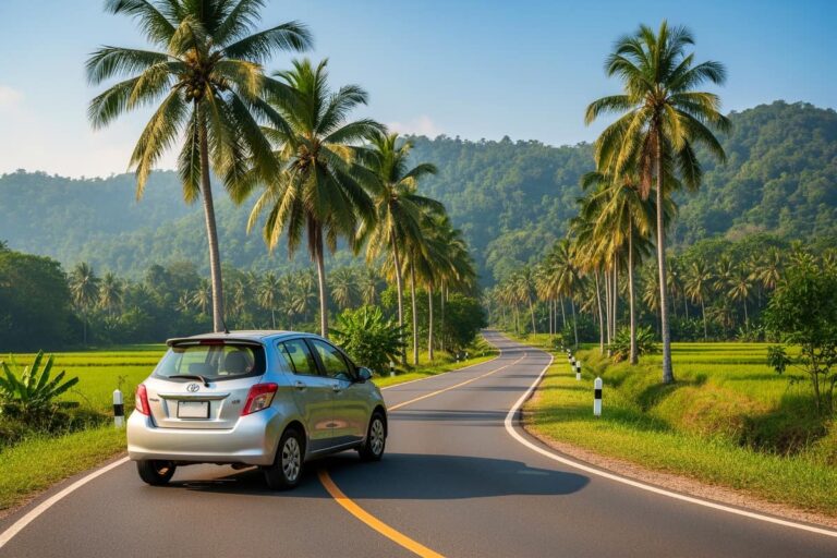 Автопутешествие по Таиланду — автомобиль на живописной тайской дороге среди тропических пальм и зелёных холмов