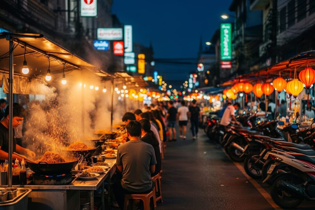 Вечерний Бангкок как гастрономическое направление — уличные лотки с тайской едой на ночном рынке