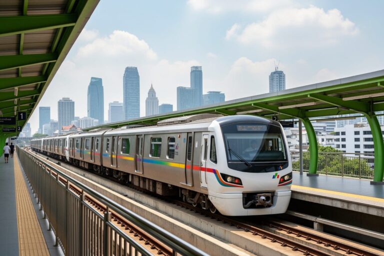 BTS Skytrain в Бангкоке — поезд на надземной станции на фоне городских небоскрёбов и зелёных путей