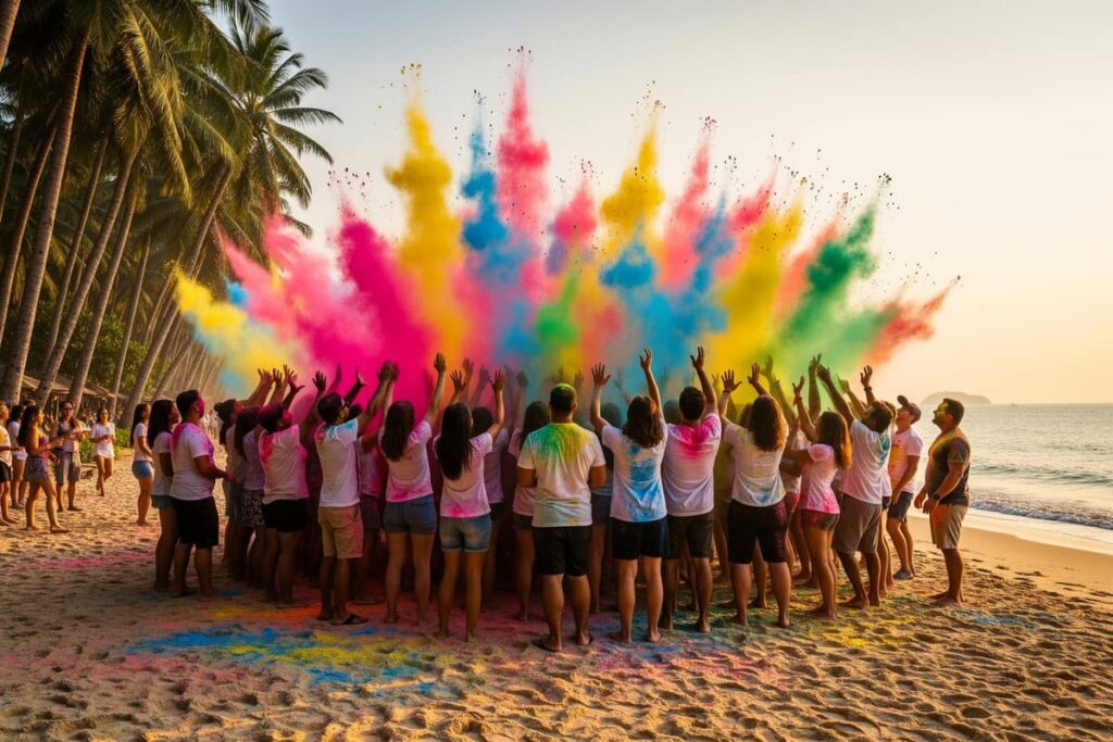 Фестиваль красок Холи в Паттайе 2026 — участники бросают цветные порошки на пляже Central Pattaya Beach