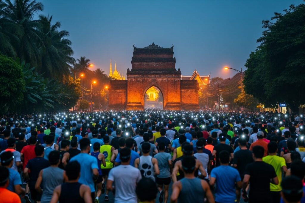 Участники марафона Чиангмай стартуют у ворот Тха Пхе ранним декабрьским утром в Таиланде