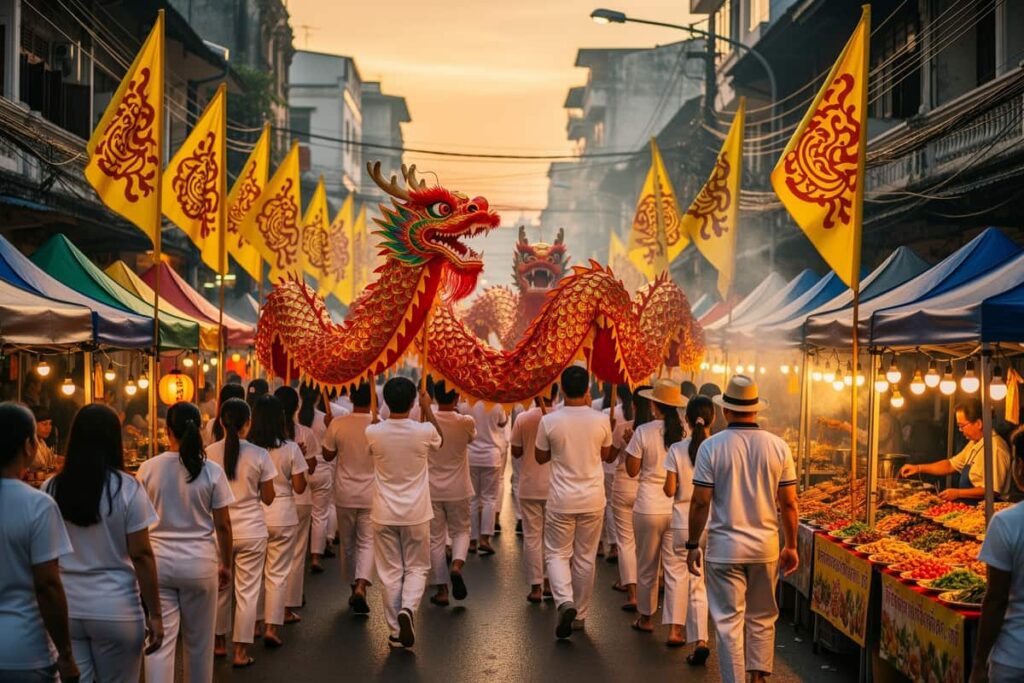 Вегетарианский фестиваль в Хатъяй — шествие с танцами дракона и рынок вегетарианской еды на улице