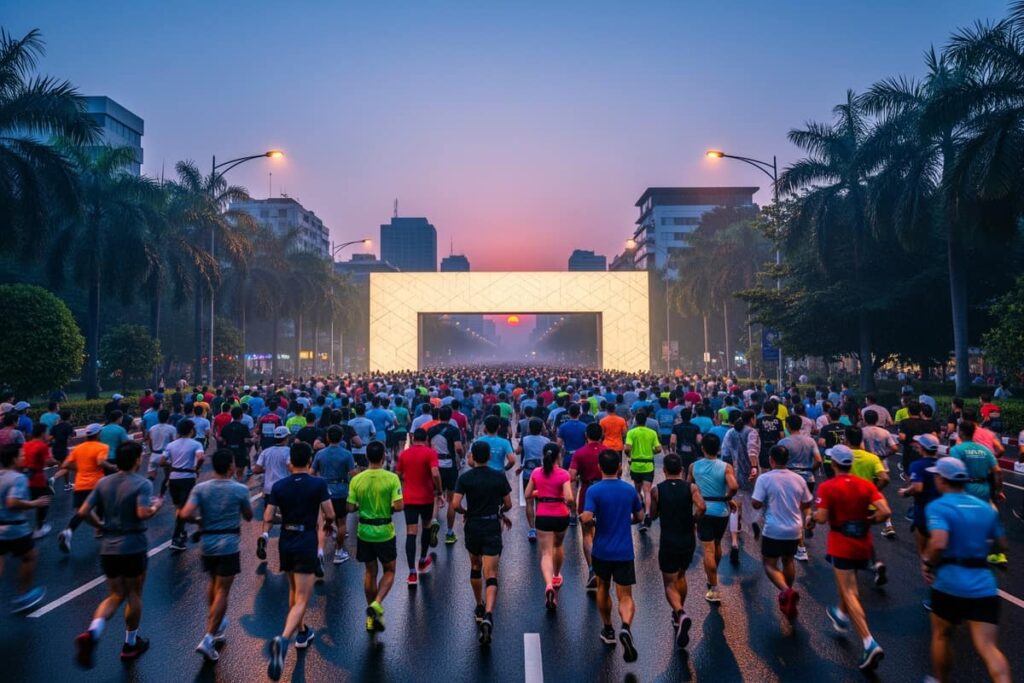 Участники на старте марафона Кхон Каен ранним утром на фоне тропической зелени Исана