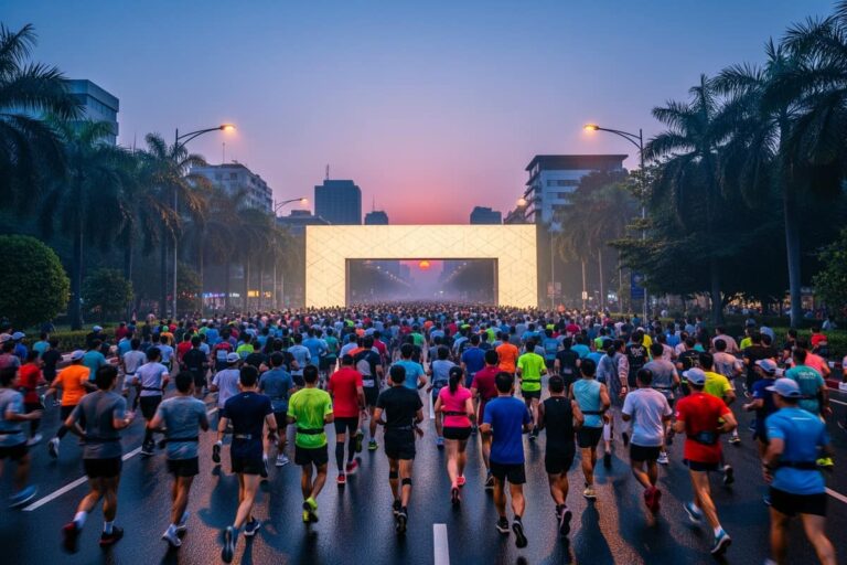 Участники на старте марафона Кхон Каен ранним утром на фоне тропической зелени Исана