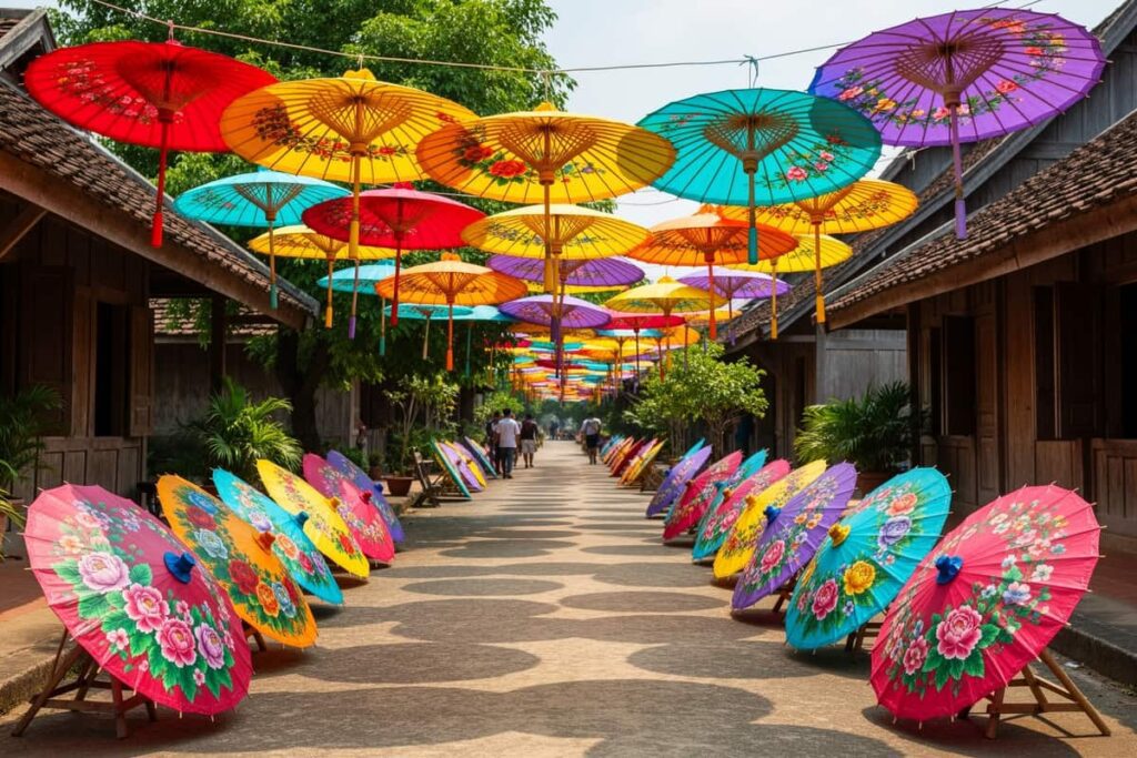 Расписные бумажные зонтики на фестивале зонтиков Бо Санг в Чиангмае среди ремесленных прилавков