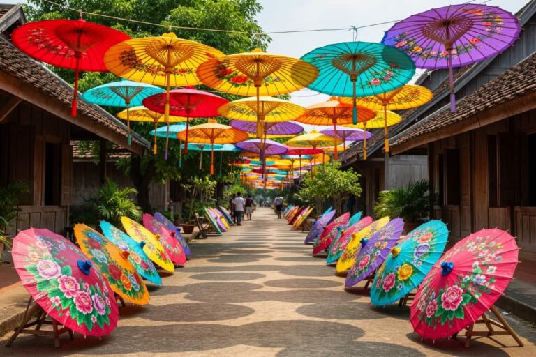 Расписные бумажные зонтики на фестивале зонтиков Бо Санг в Чиангмае среди ремесленных прилавков