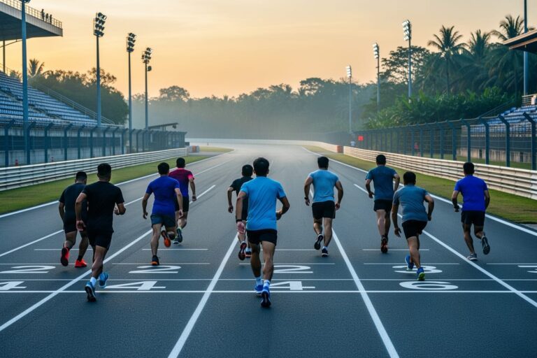 Бурирам марафон — бегуны на трассе автодрома Chang International Circuit ранним утром в Таиланде