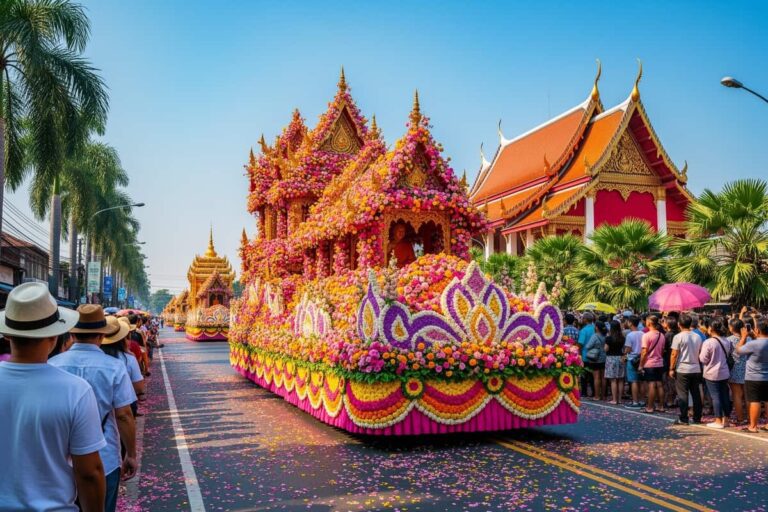 Фестиваль цветов Чиангмай — цветочная платформа парада на фоне тайского храма в солнечный день