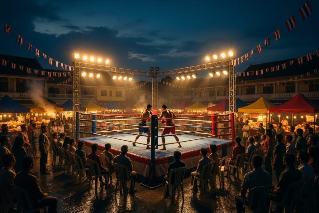 Вечерний ринг муай-тай Нам Юэн Файт под открытым небом с прожекторами и зрителями на площади