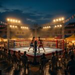 Вечерний ринг муай-тай Нам Юэн Файт под открытым небом с прожекторами и зрителями на площади