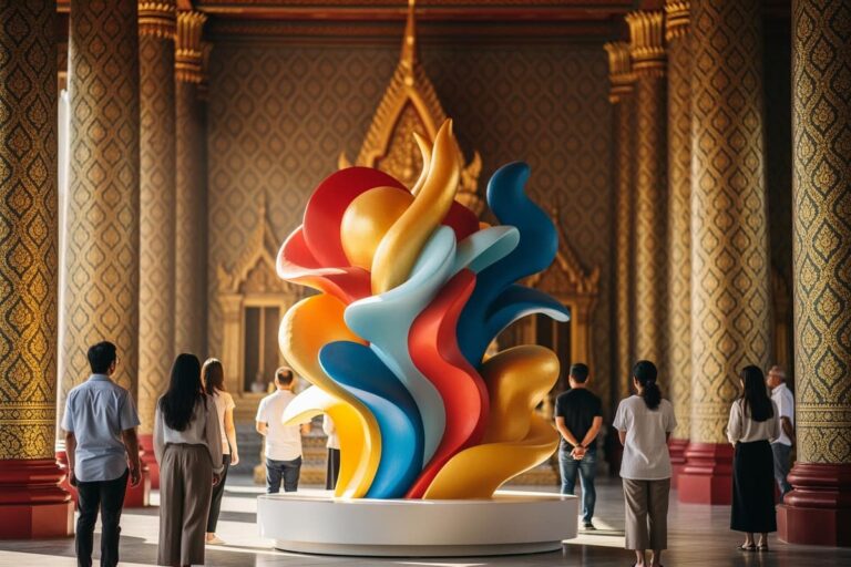 Инсталляция Bangkok Art Biennale 2026 в буддийском храме Бангкока — современное искусство среди тайской архитектуры