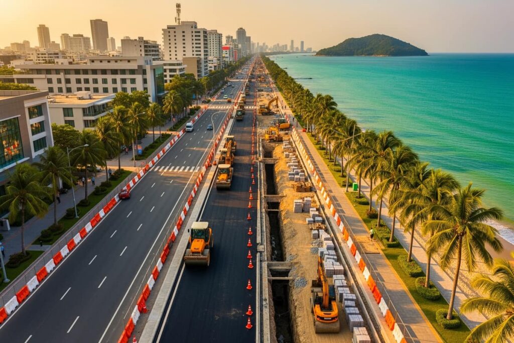 Ремонт дорог и инфраструктура в Паттайе: вид на стройку с пальмами и островом Ко Лан на горизонте