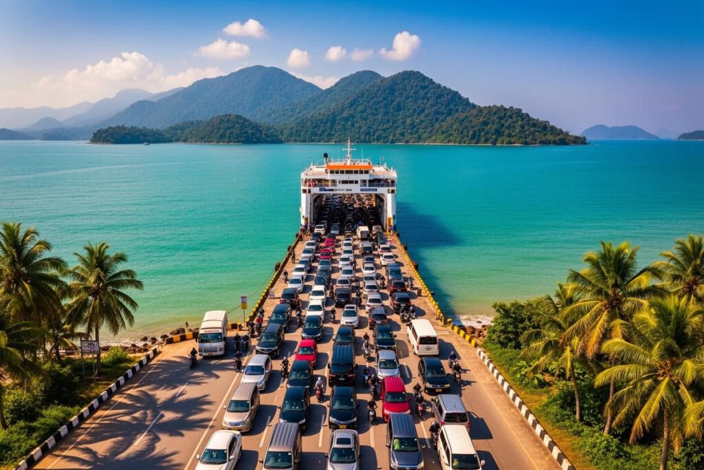 Очередь из машин перед паромным пирсом на Ко Чанг в высокий сезон — переправа через пролив на фоне зелёных гор острова
