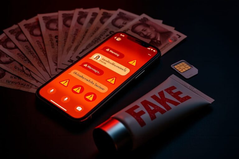 Мошенничество в Таиланде 2026: смартфон с подозрительными сообщениями, SIM-карта и поддельная косметика