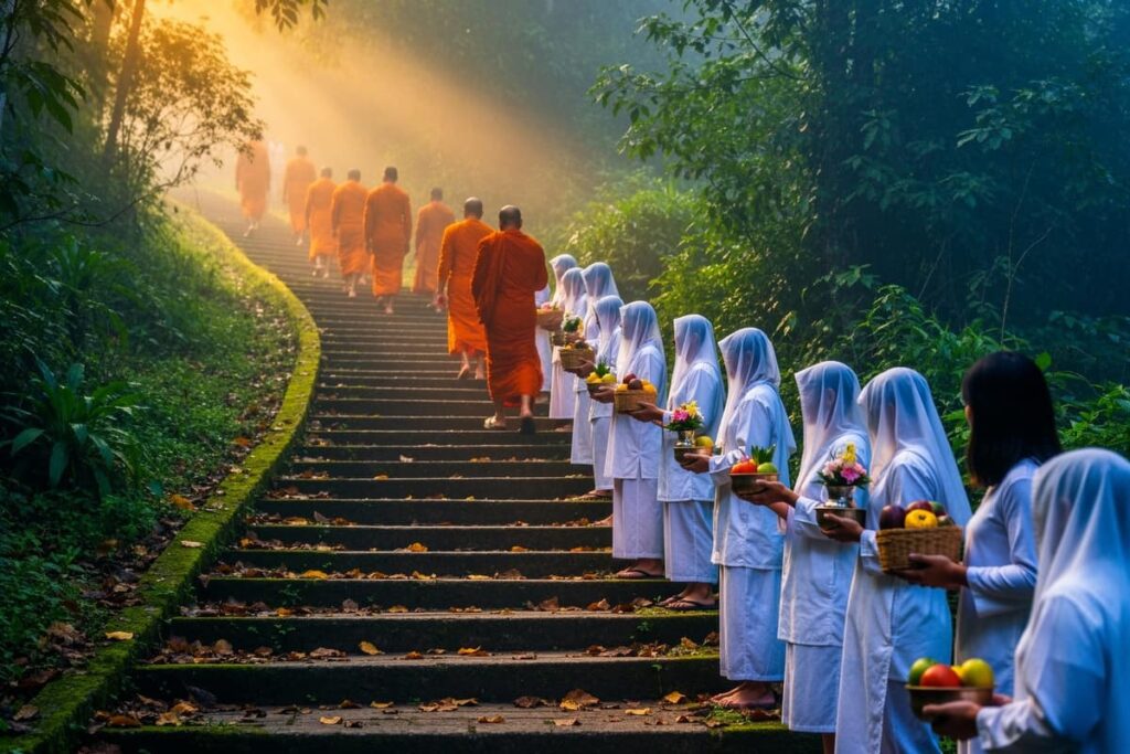 Так Бат Дево Таиланд — монахи спускаются по лестнице горы в Утхайтхани за подаяниями