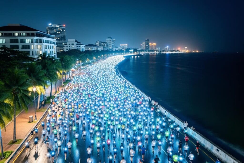 Ночной старт марафона Бангсаен 2026 — тысячи бегунов на набережной Чонбури у моря