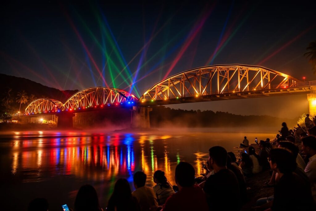 Вечернее шоу на неделе моста через реку Квай в Канчанабури с подсветкой и фейерверками