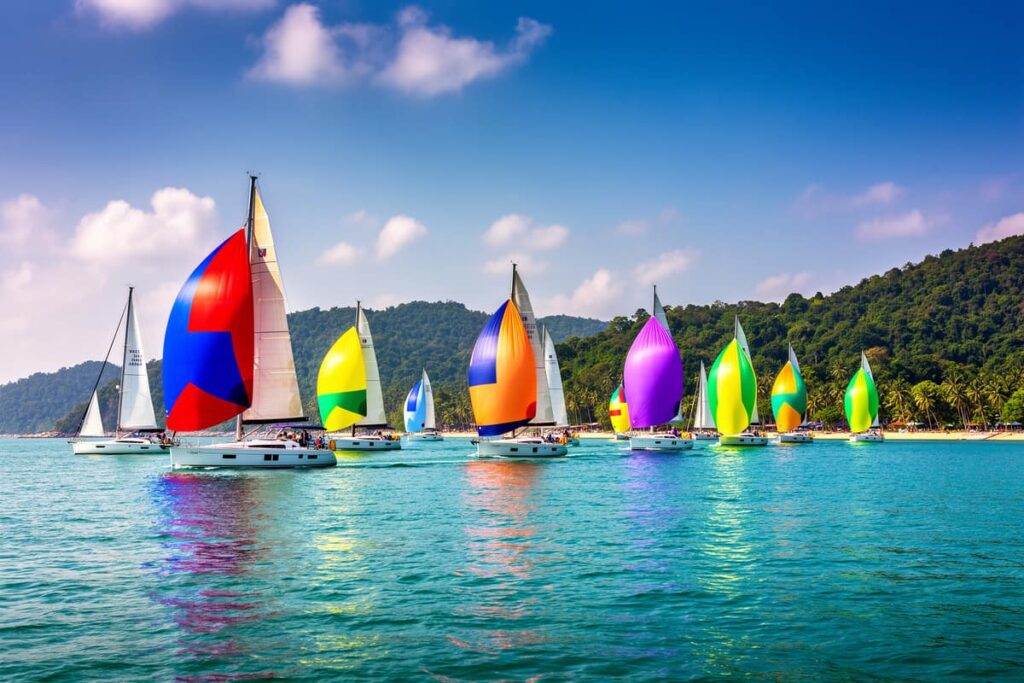 Парусные яхты на королевской регате Пхукет в лазурном заливе у побережья Ката Бич
