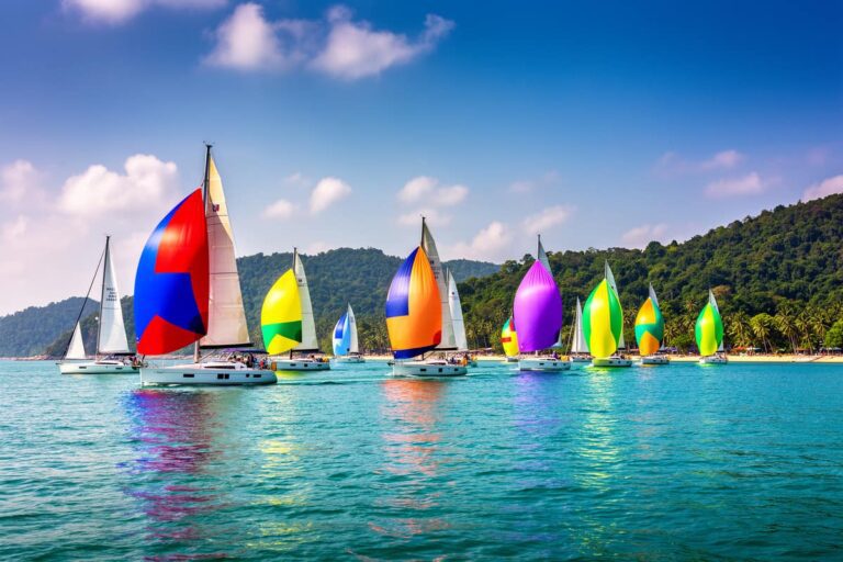 Парусные яхты на королевской регате Пхукет в лазурном заливе у побережья Ката Бич