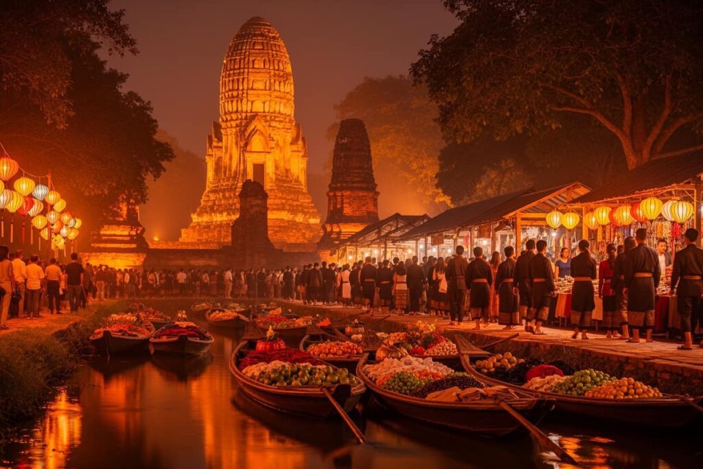 Ярмарка наследия Аюттхаи — вечерняя сцена у руин храмов с плавучим рынком и фонариками