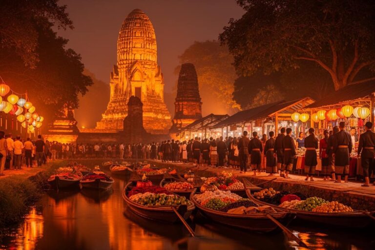 Ярмарка наследия Аюттхаи — вечерняя сцена у руин храмов с плавучим рынком и фонариками