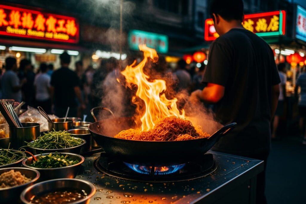 Китайское влияние на тайскую кухню — повар жарит лапшу в воке на вечернем рынке Яоварат в Бангкоке