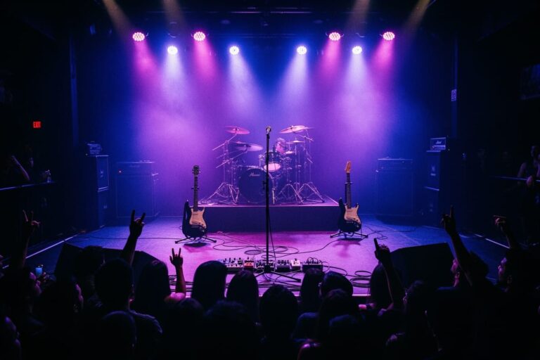 Memphis May Fire Bangkok 2026 — концертная сцена с фиолетовым освещением и силуэтами зрителей