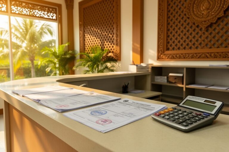 Налоги на недвижимость в Таиланде — документы и калькулятор на столе в земельном департаменте при регистрации сделки