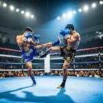 Бои муай тай Бангкок: ринг ONE Friday Fights на стадионе Лумпини с бойцами и зрителями на трибунах