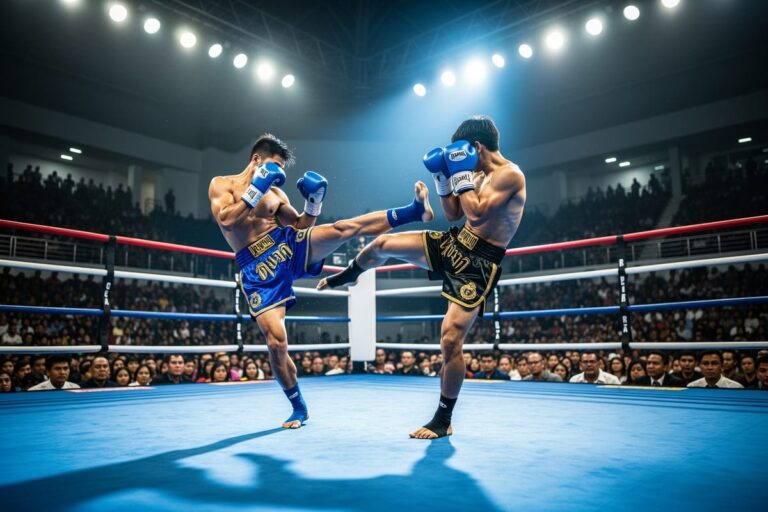 Бои муай тай Бангкок: ринг ONE Friday Fights на стадионе Лумпини с бойцами и зрителями на трибунах