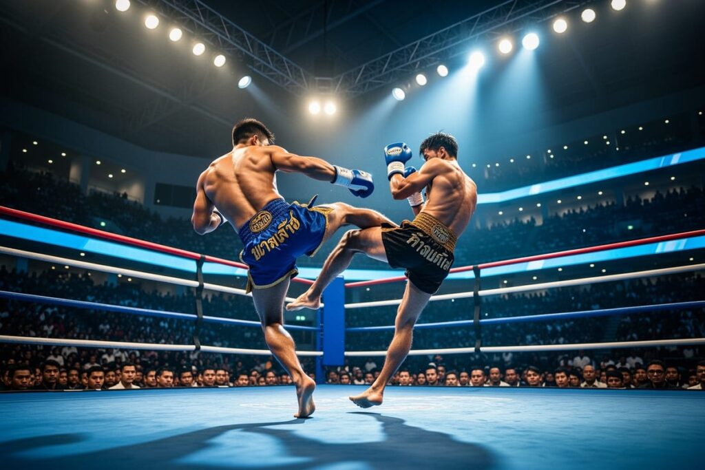 Бои муай тай Бангкок: ринг ONE Friday Fights на стадионе Лумпини с бойцами и зрителями на трибунах